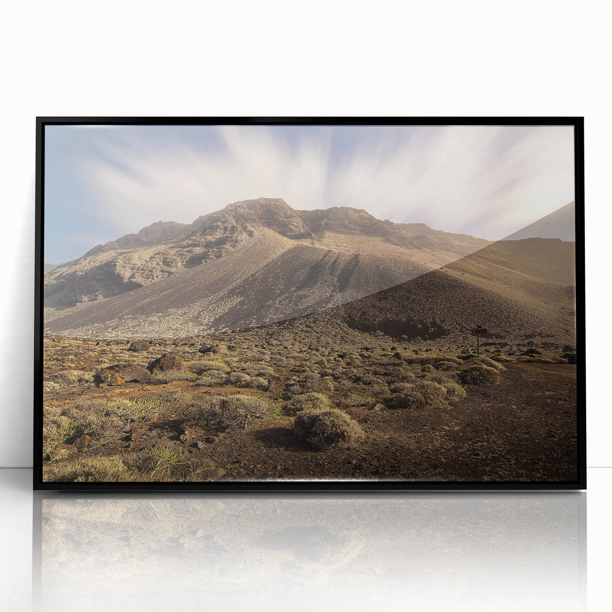 Large abstract wall art depicting a stylized Spanish Canary Islands landscape in vibrant hues on a framed acrylic canvas.