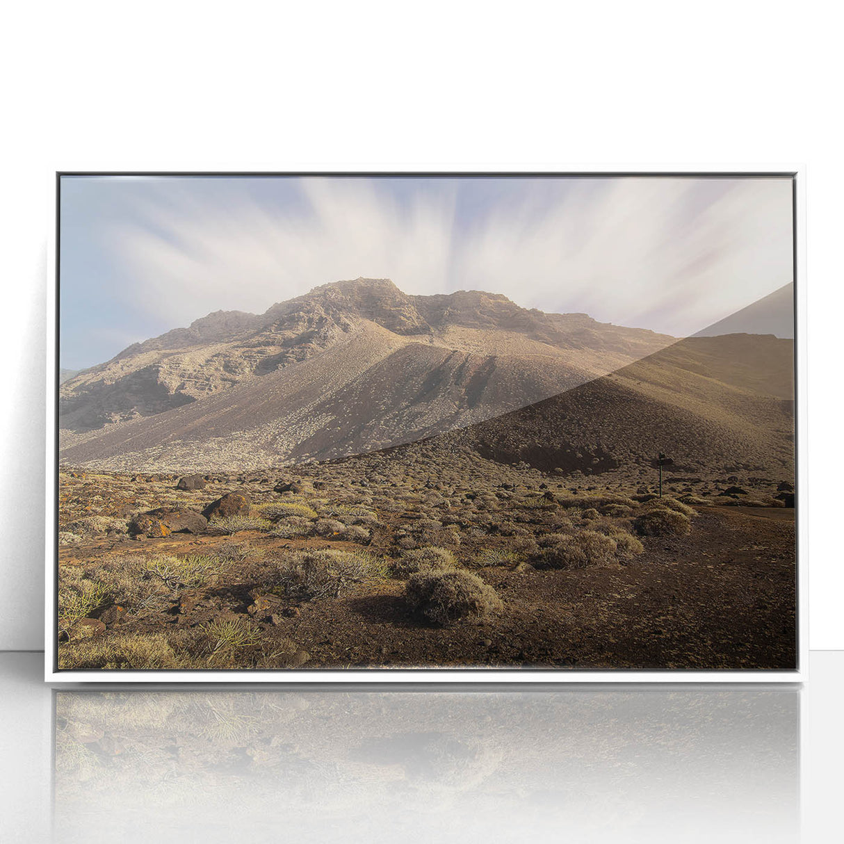 Mid-century modernist art depicting a serene Canary Islands landscape in muted earth tones on a framed acrylic panel.