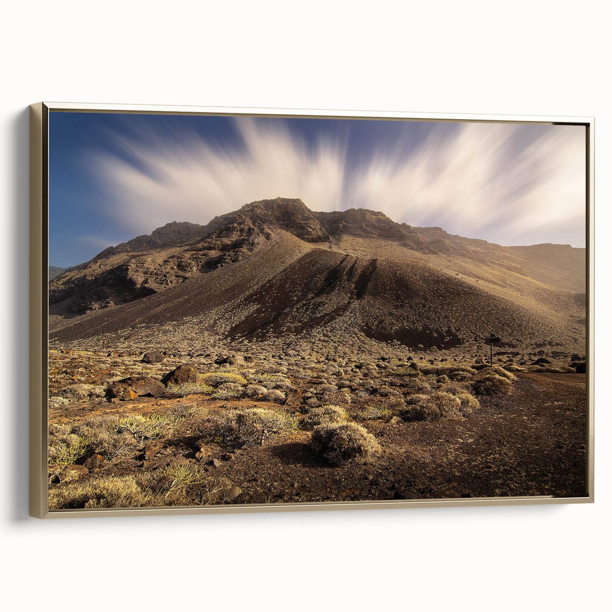 Framed canvas of a vintage-style landscape painting of the Canary Islands, featuring muted earth tones.