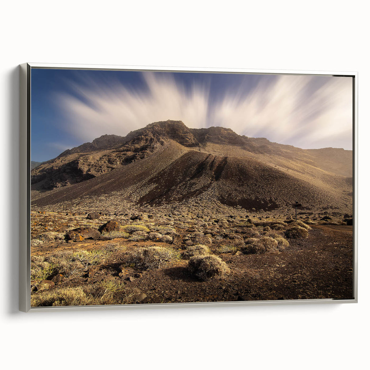 Framed canvas depicting a vintage-style landscape of the Canary Islands with vibrant, colorful art and black borders.