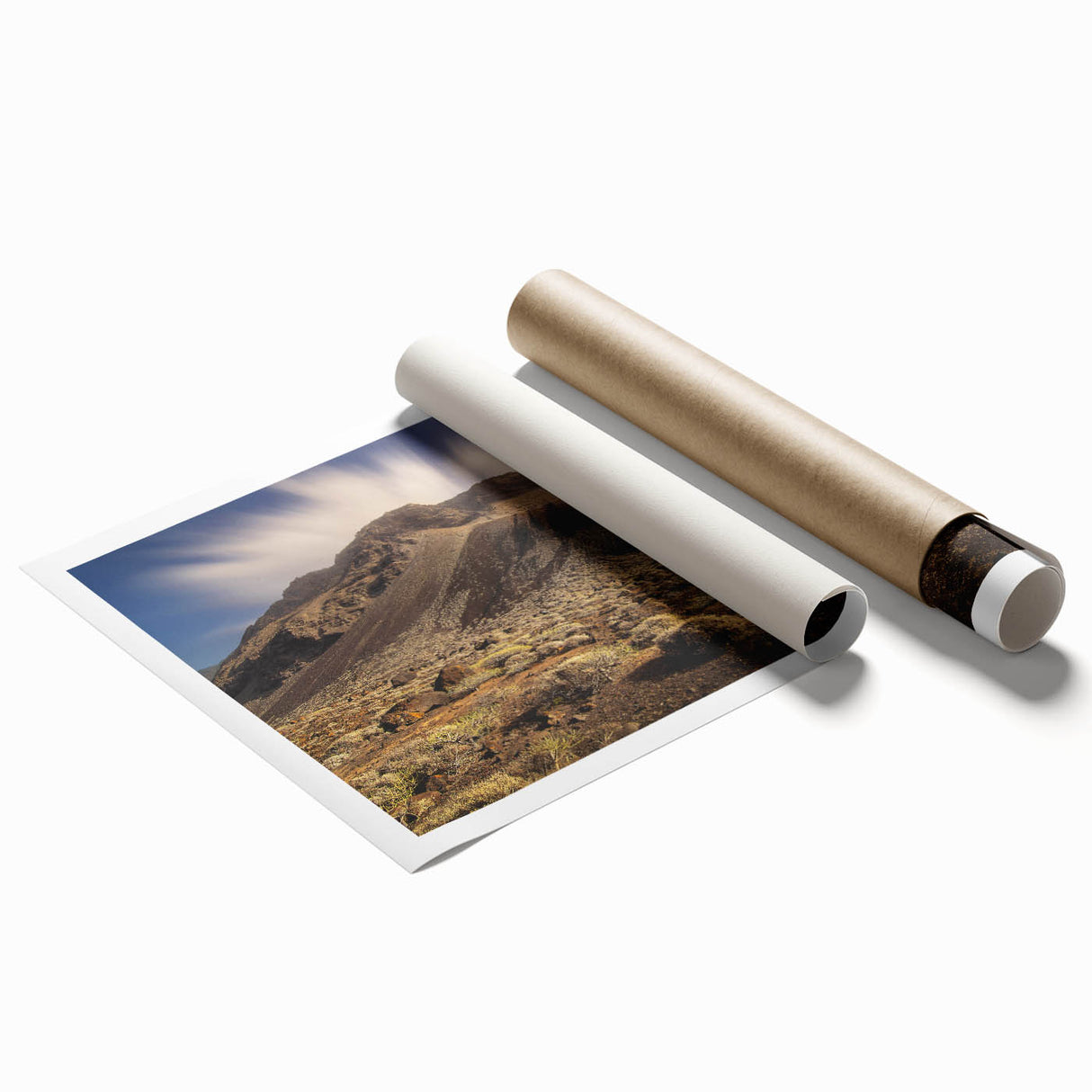 Large rolled canvas print of a scenic European landscape, featuring lush greenery and distant mountains.