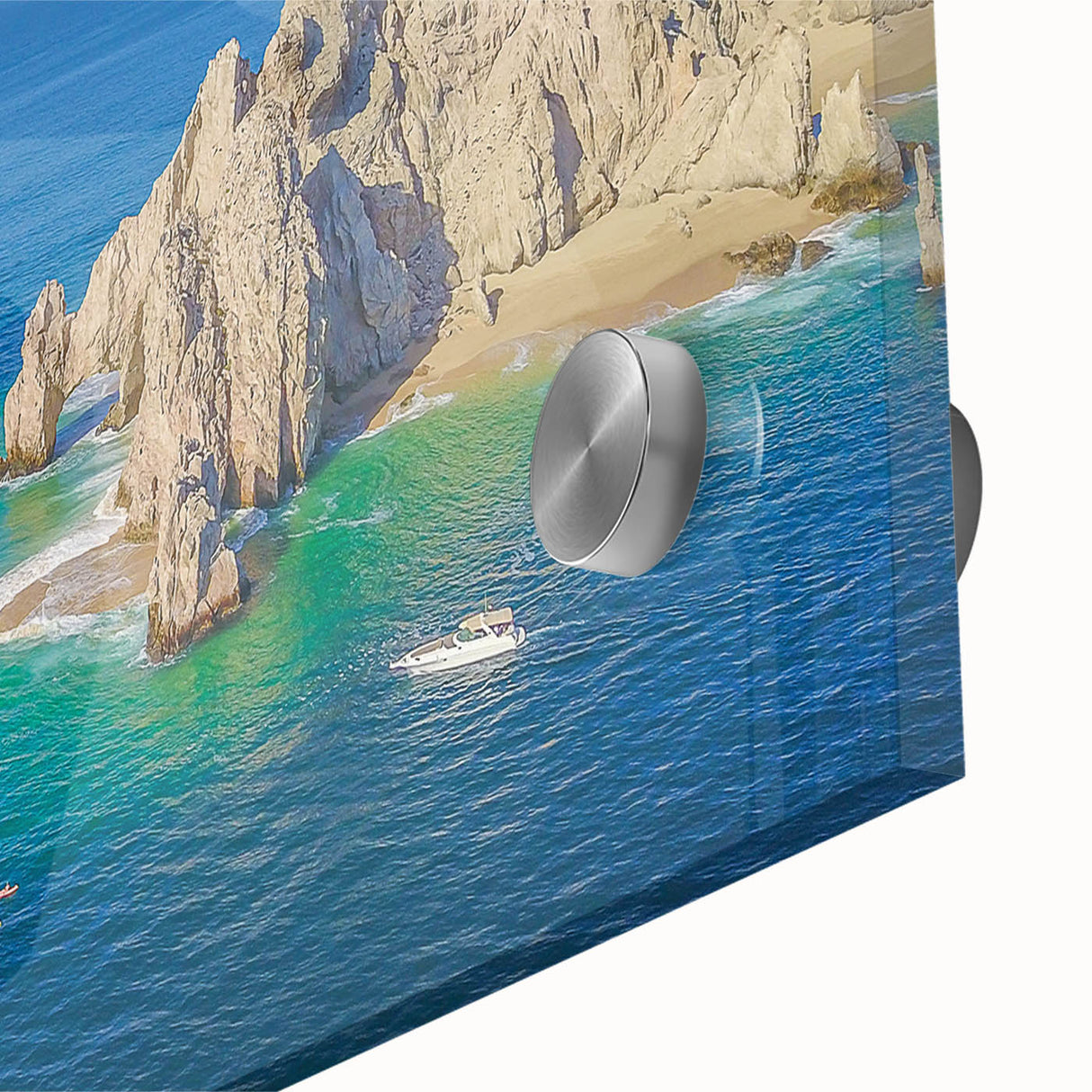 Large abstract wall art of Cabo San Lucas scenery in vibrant colors on acrylic glass, ideal for dining room ambiance.