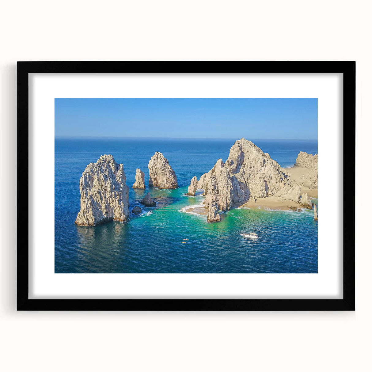 Extra large framed abstract print of Cabo San Lucas scenery with vibrant, colorful textures, ideal for living room decor.