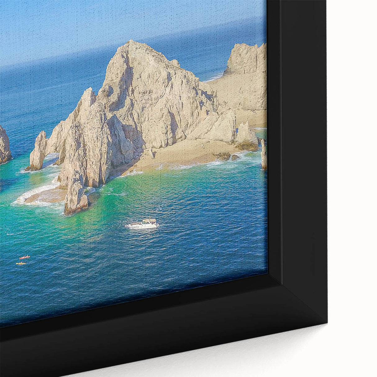 Extra large framed canvas of a textured, colorful Cabo San Lucas scenery on black background, ideal for living room decor.