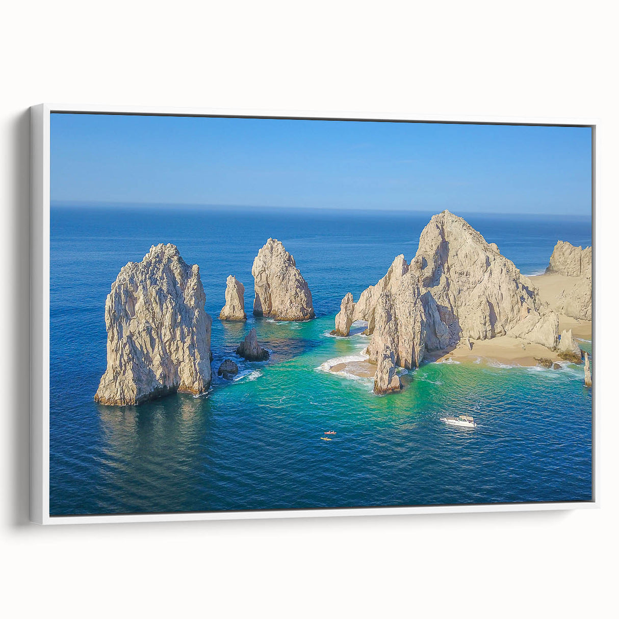 Vintage poster art of Cabo San Lucas with colorful palette on extra large framed canvas, suitable for living room.