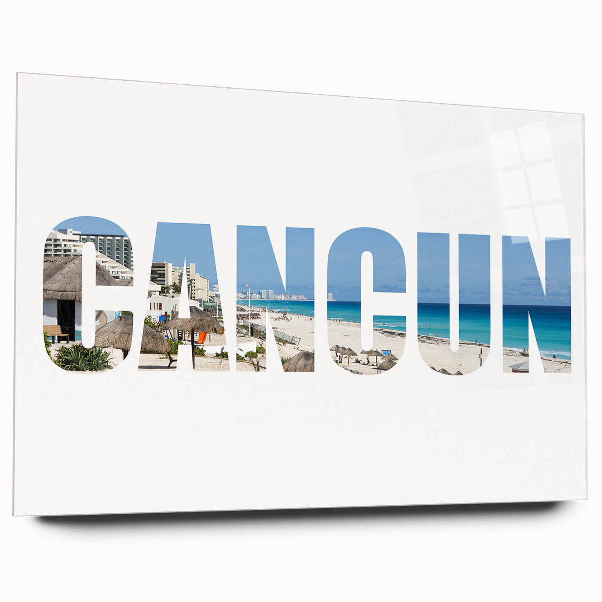 Large abstract wall art depicting the Cancun scenery in vibrant blues and greens on acrylic glass.