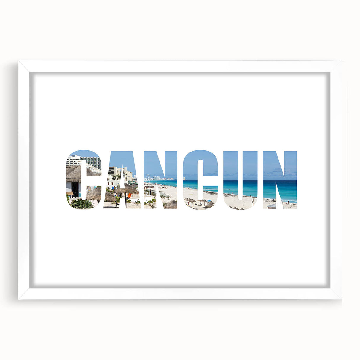 Abstract art print of Cancun scenery in muted blue and green tones, framed with a white mat, ideal for dining room decor.