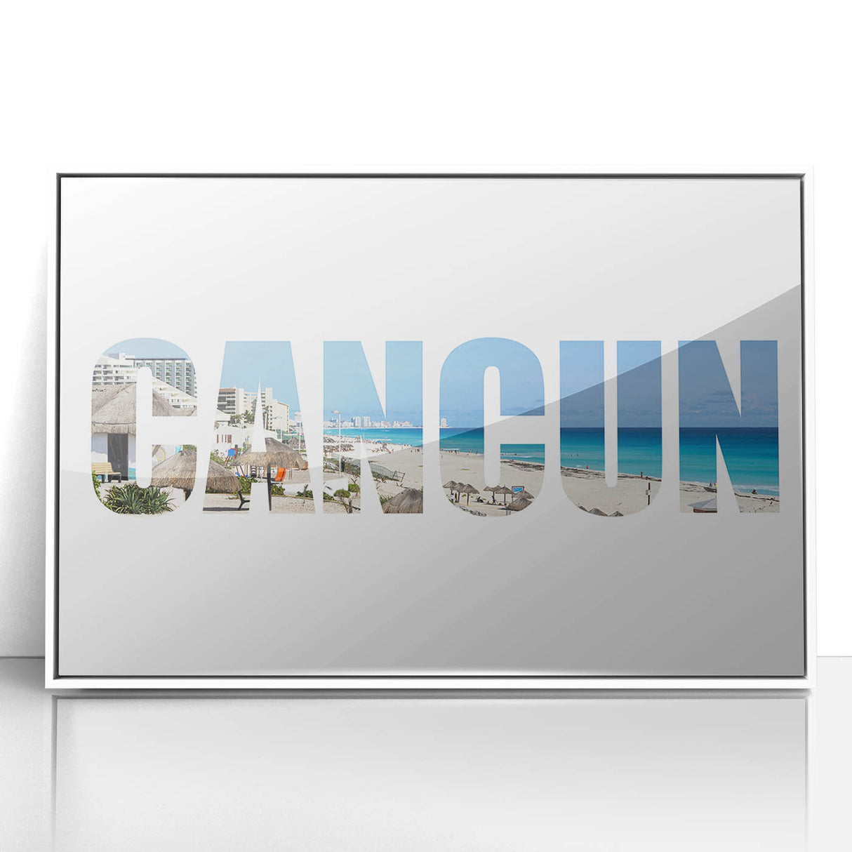 Art deco poster of Cancun scenery with vibrant ocean blues in a white framed acrylic, ideal for nursery wall art.