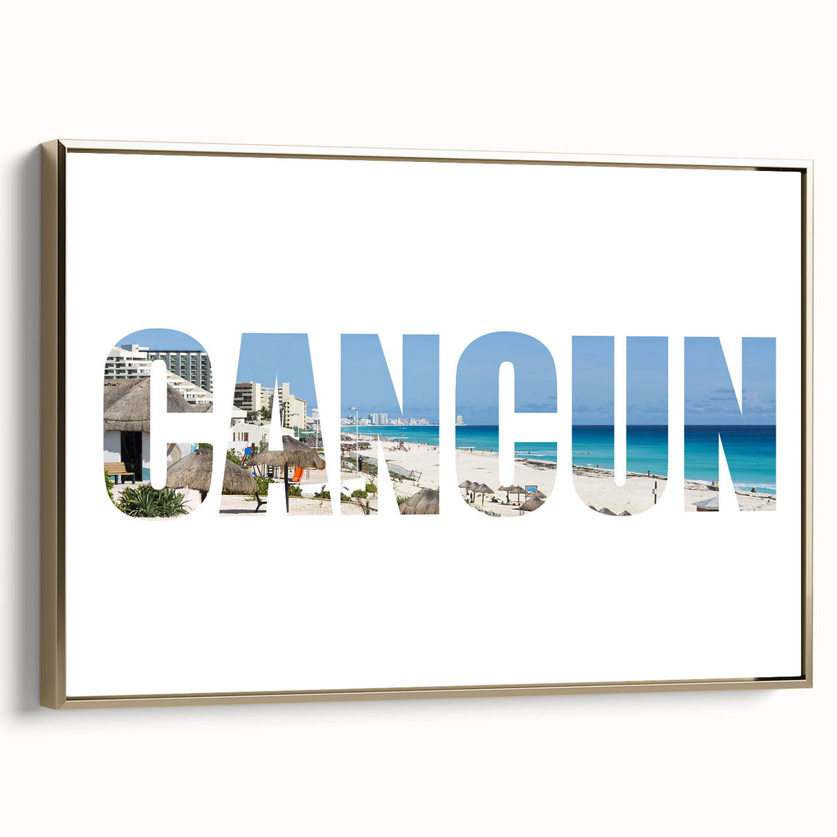 Framed canvas wall art featuring a vintage-style landscape painting of Cancun with a black and gold color scheme.