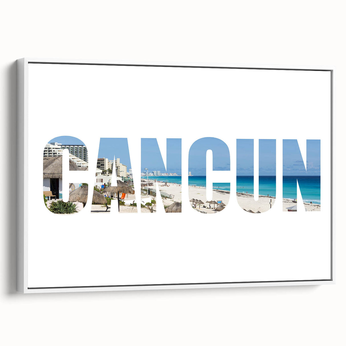 Vintage poster art of Cancun scenery on framed canvas, featuring vibrant colors against a black background.