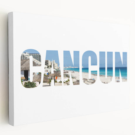 Stretched canvas print of Cancun scenery with vibrant blue and green tones, suitable for kitchen wall art.