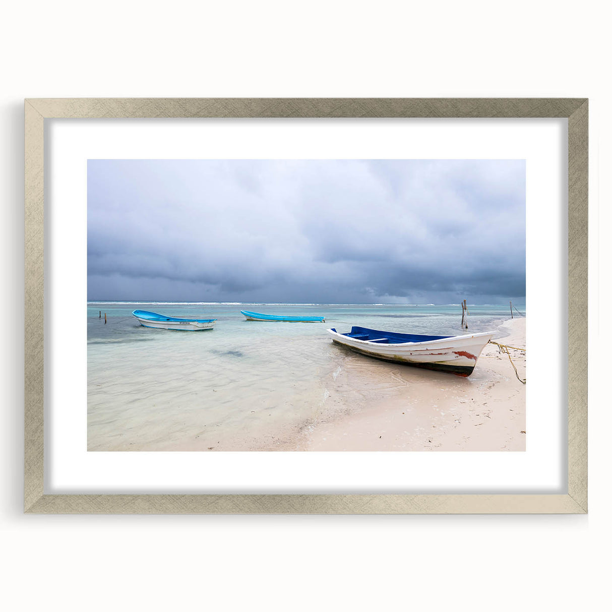 Textured abstract art print of Yucatan scenery in silver frame, ideal for bedroom art, featuring cool blues and greens.