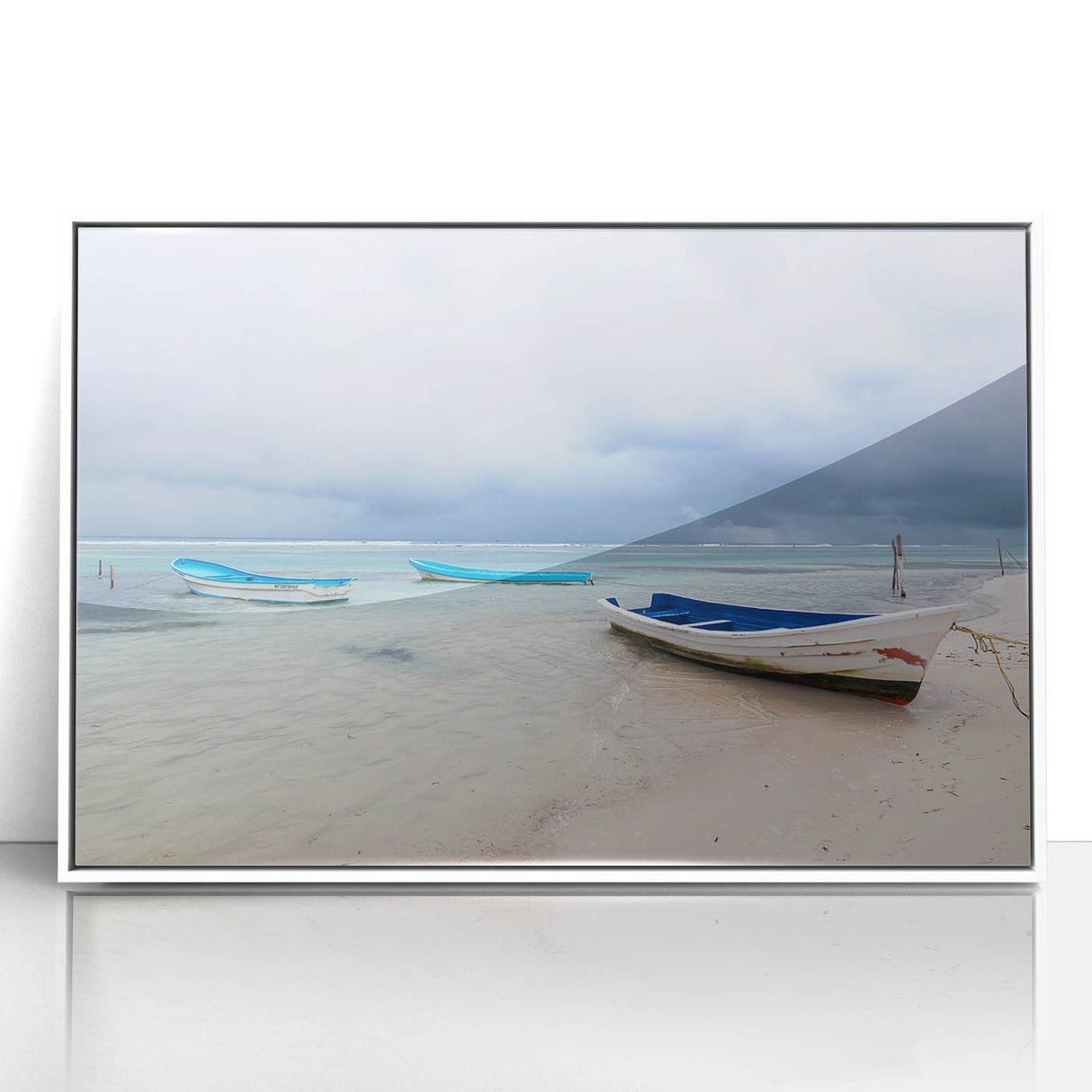 Modern art wall decor featuring an art deco poster of Yucatan, Mexico scenery, framed in white acrylic.