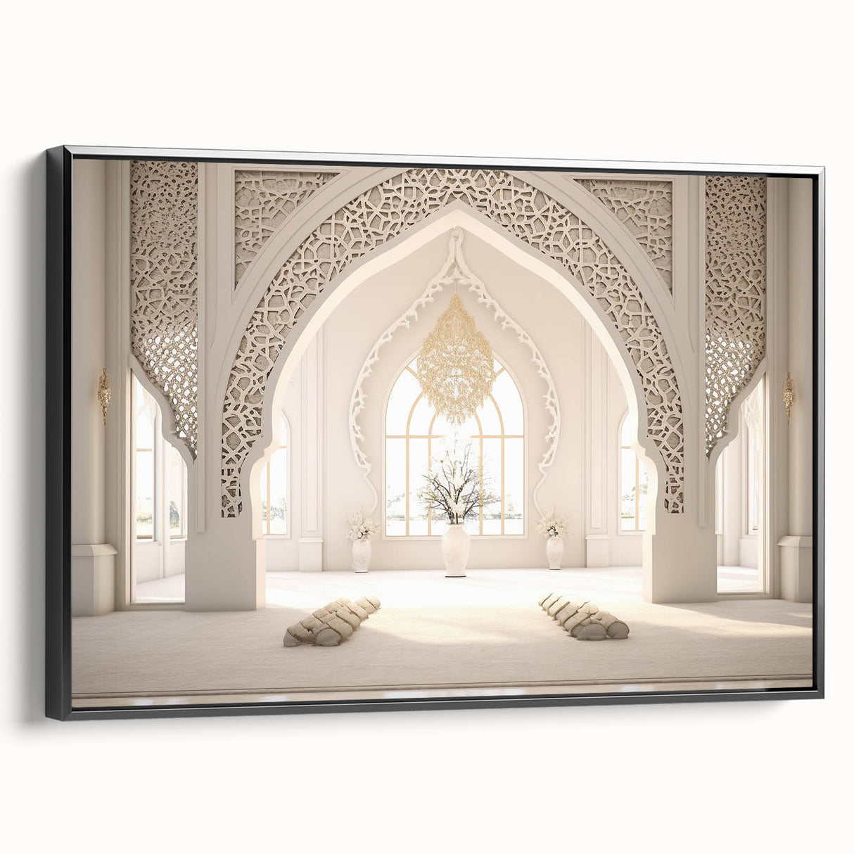 Black and white landscape art painting of a Middle Eastern scenery on framed canvas, suitable for bedroom wall decor.