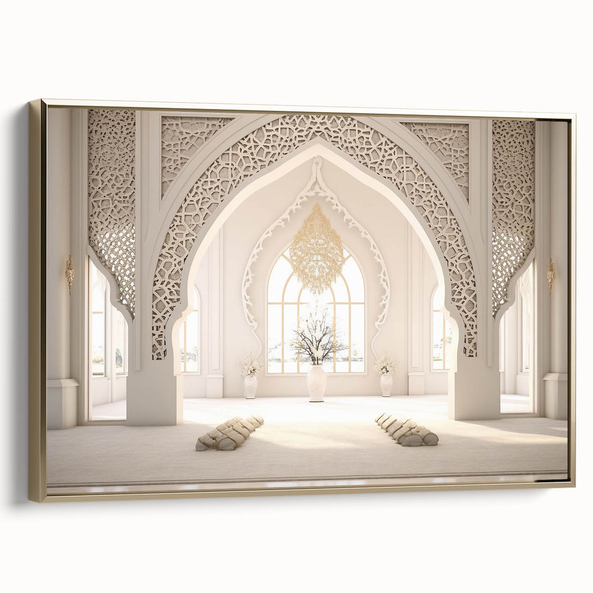 Framed canvas depicting a vintage-style Afghan landscape in muted gold and black tones, ideal for bedroom wall decor.