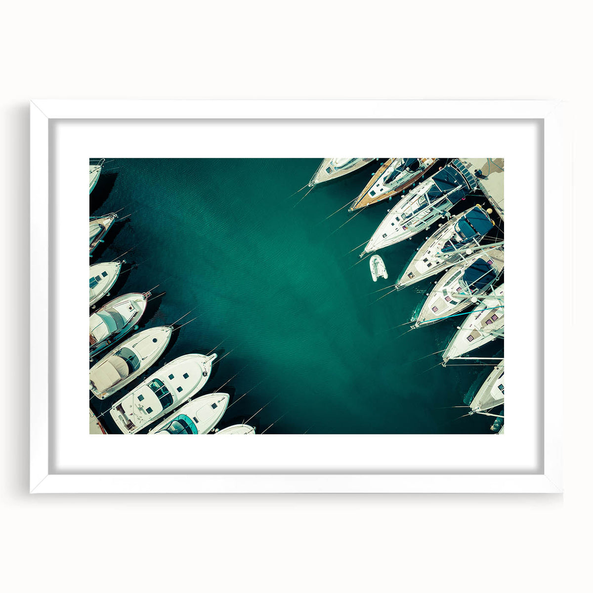 Abstract art print of Dubai skyline in muted gray and blue tones on a framed poster, suitable for dining room decor.
