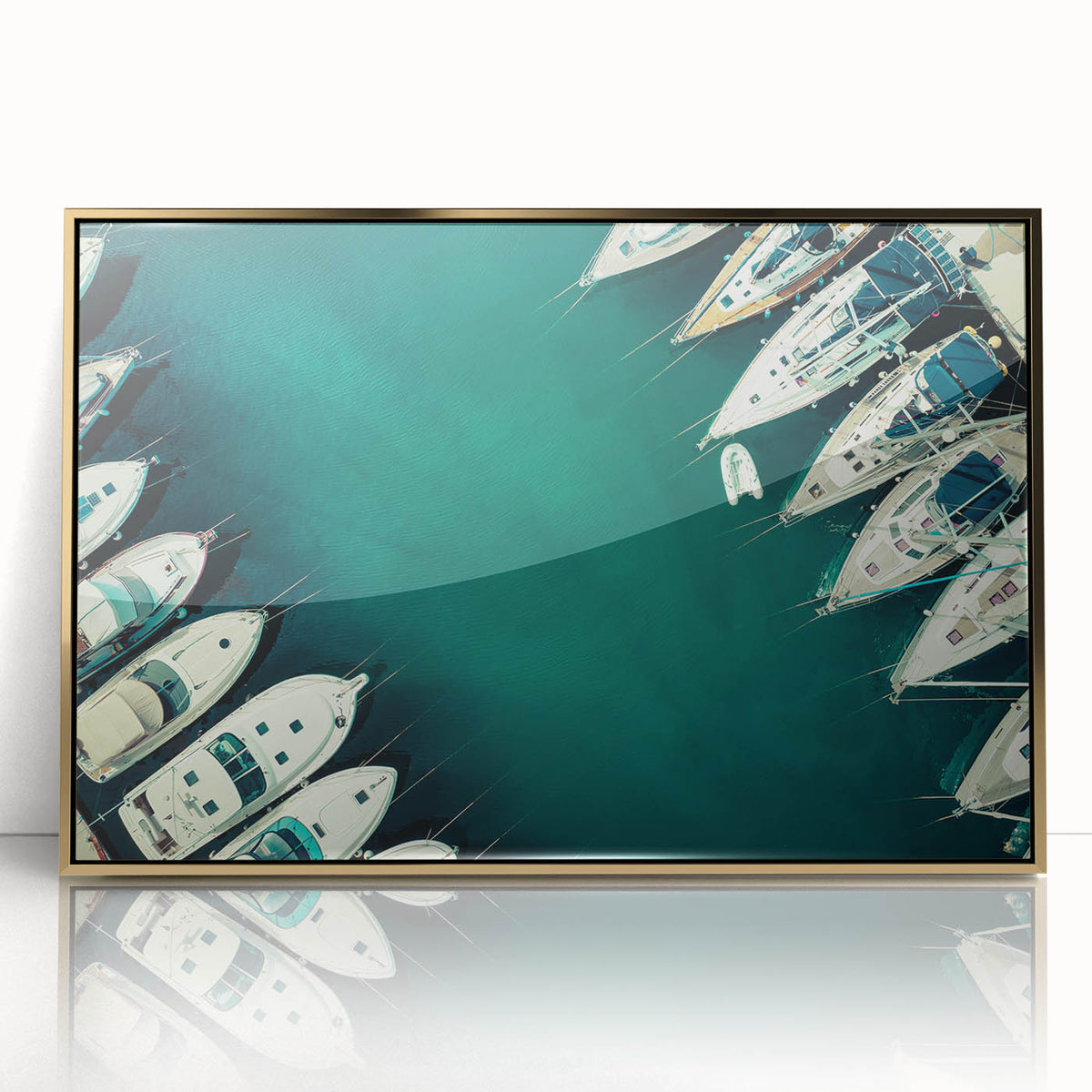 Large art print of Dubai skyline in gold tones on framed acrylic, suitable for modern art wall decor.
