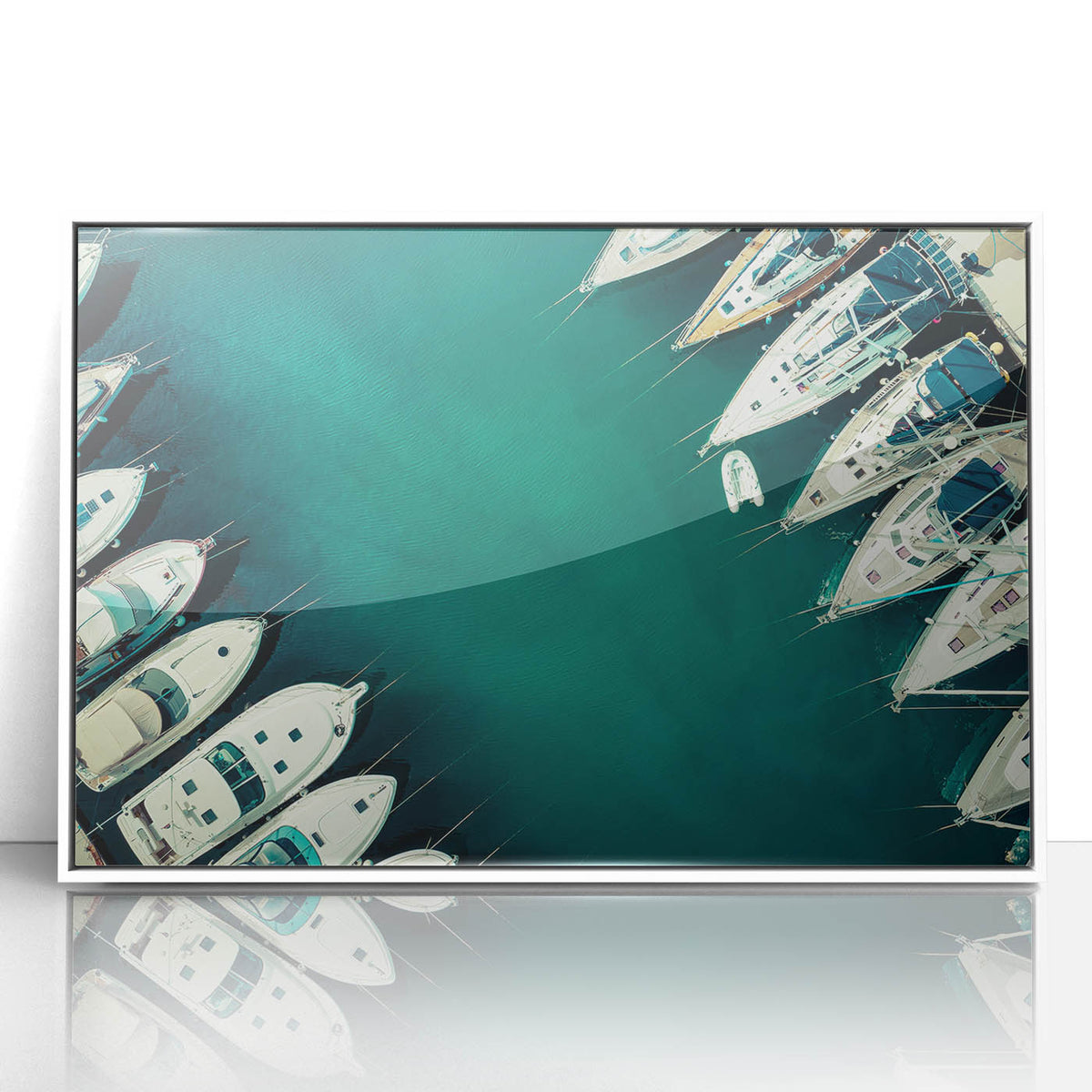 Acrylic print of Dubai skyline in muted metallic tones, framed in white, suitable for modern art wall decor.
