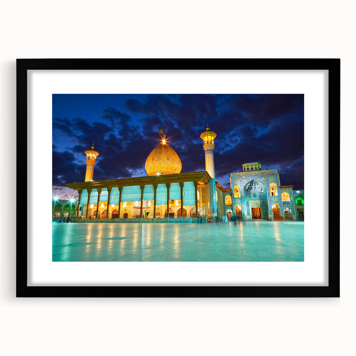 Extra large framed wall art depicting an abstract, colorful scenery of Iran in vibrant hues on a textured canvas.