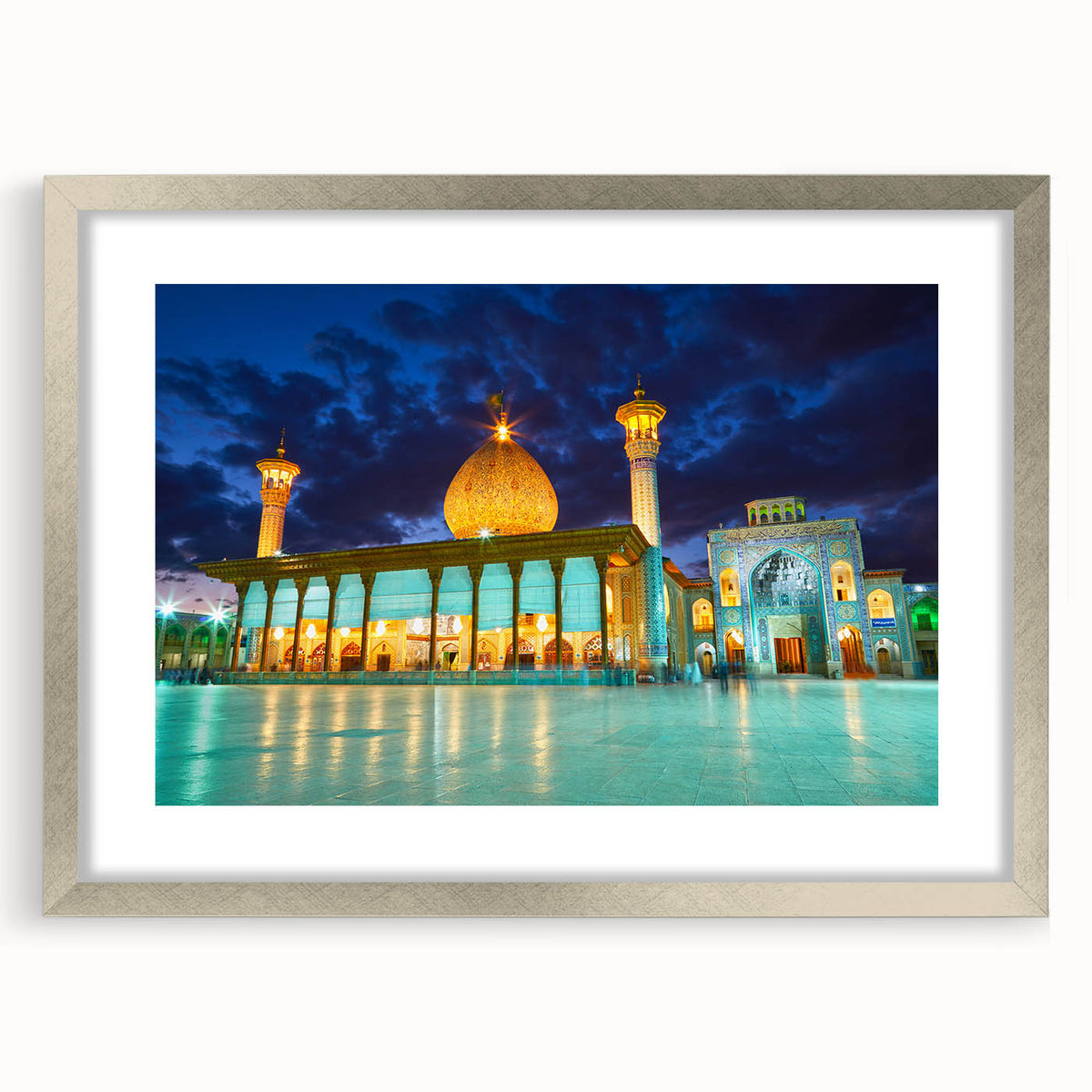 Textured abstract art print featuring a silver-framed depiction of a Middle Eastern scenery, suitable for bedroom art.