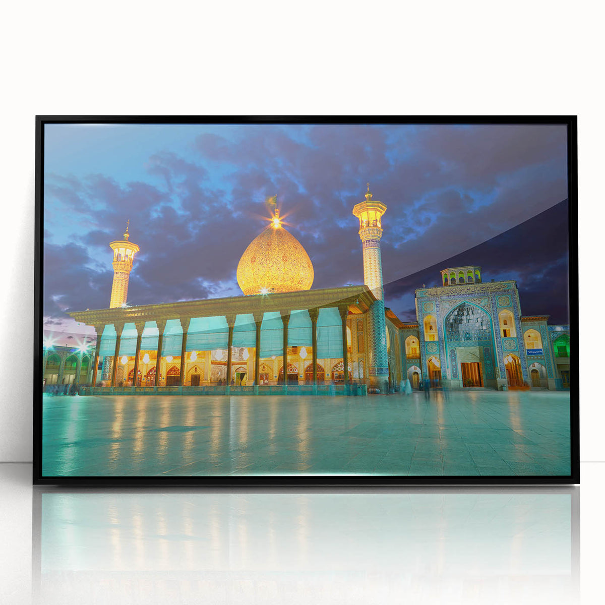 Large abstract wall art depicting a Middle Eastern scenery in muted earth tones on a framed acrylic.