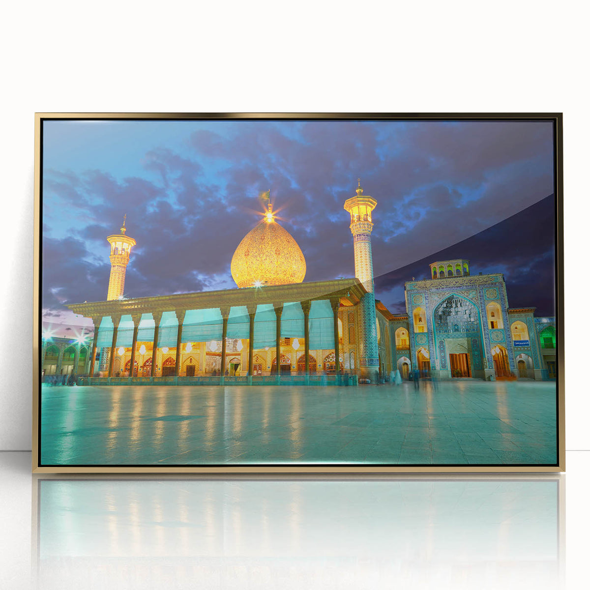 Acrylic print of a Middle Eastern scenery in gold tones, framed, ideal for modern art wall decor.
