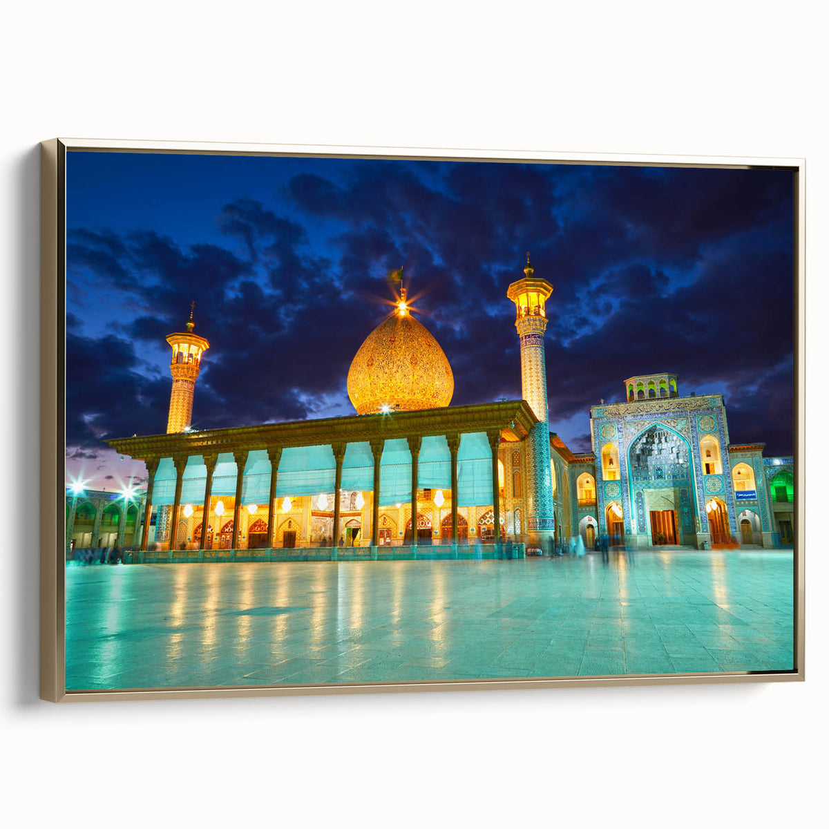 Framed canvas wall art featuring a vintage-style landscape of Iran with muted gold and black tones, ideal for bedroom decor.