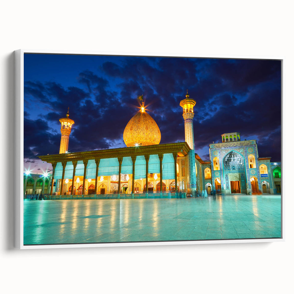 Vintage poster art of a Middle Eastern scenery on a framed canvas, featuring a colorful palette, ideal for living room decor.