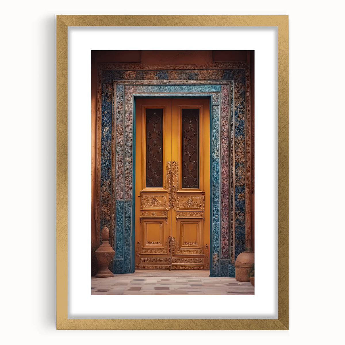 Extra large abstract art print of a Middle Eastern scenery in gold frame, ideal for living room decor.