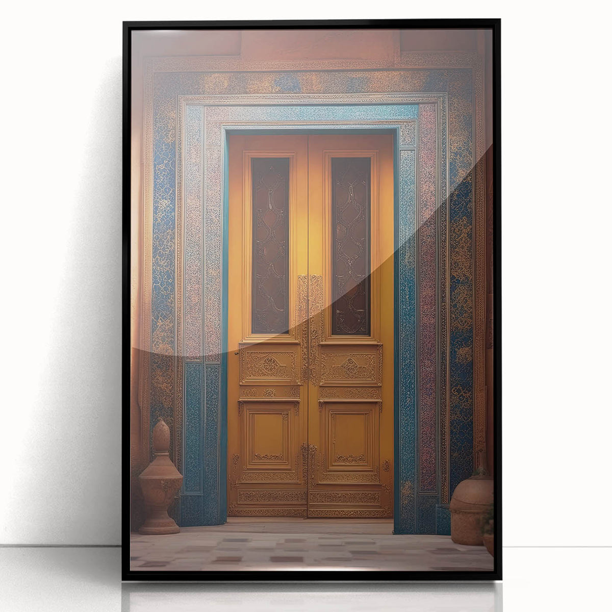 Large abstract wall art depicting a Middle Eastern urban scene in muted earth tones on a framed acrylic.