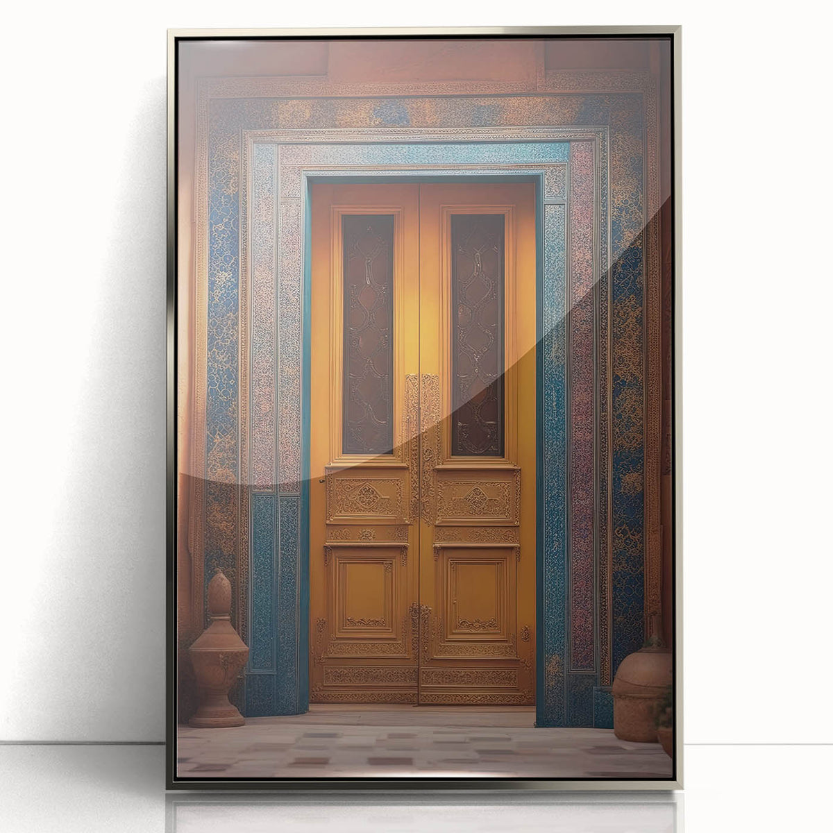 Mid-century modernist art depicting a scenic Middle Eastern landscape in muted earth tones, framed in silver acrylic.