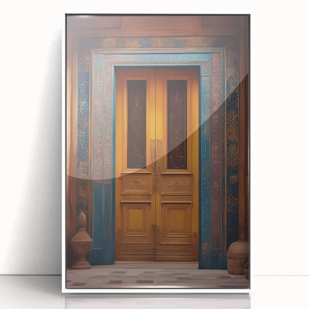Art deco poster depicting a serene Middle Eastern landscape in muted earth tones, framed acrylic.