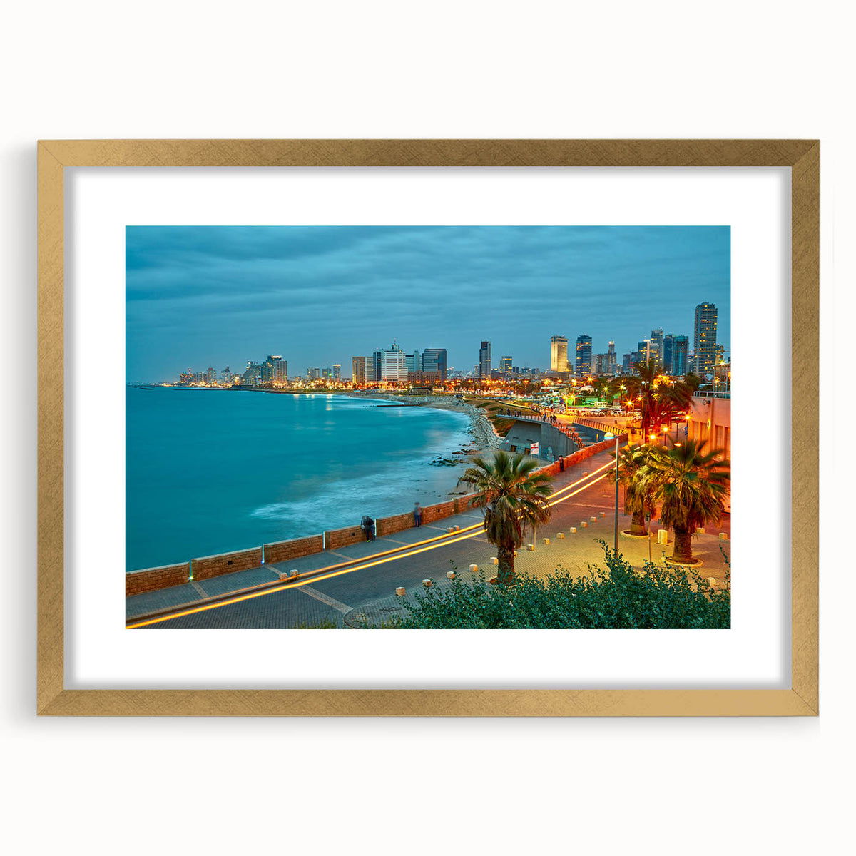 Extra large abstract art print depicting the Tel Aviv skyline in textured gold and beige tones on a framed canvas.