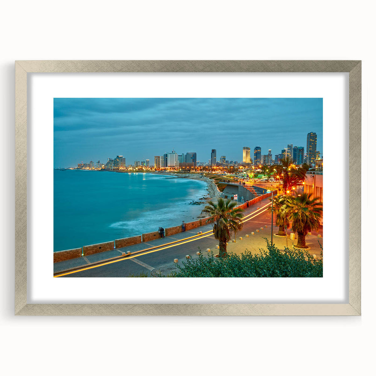 Textured abstract art print of Tel Aviv skyline in muted earth tones on a framed canvas, suitable for bedroom decor.