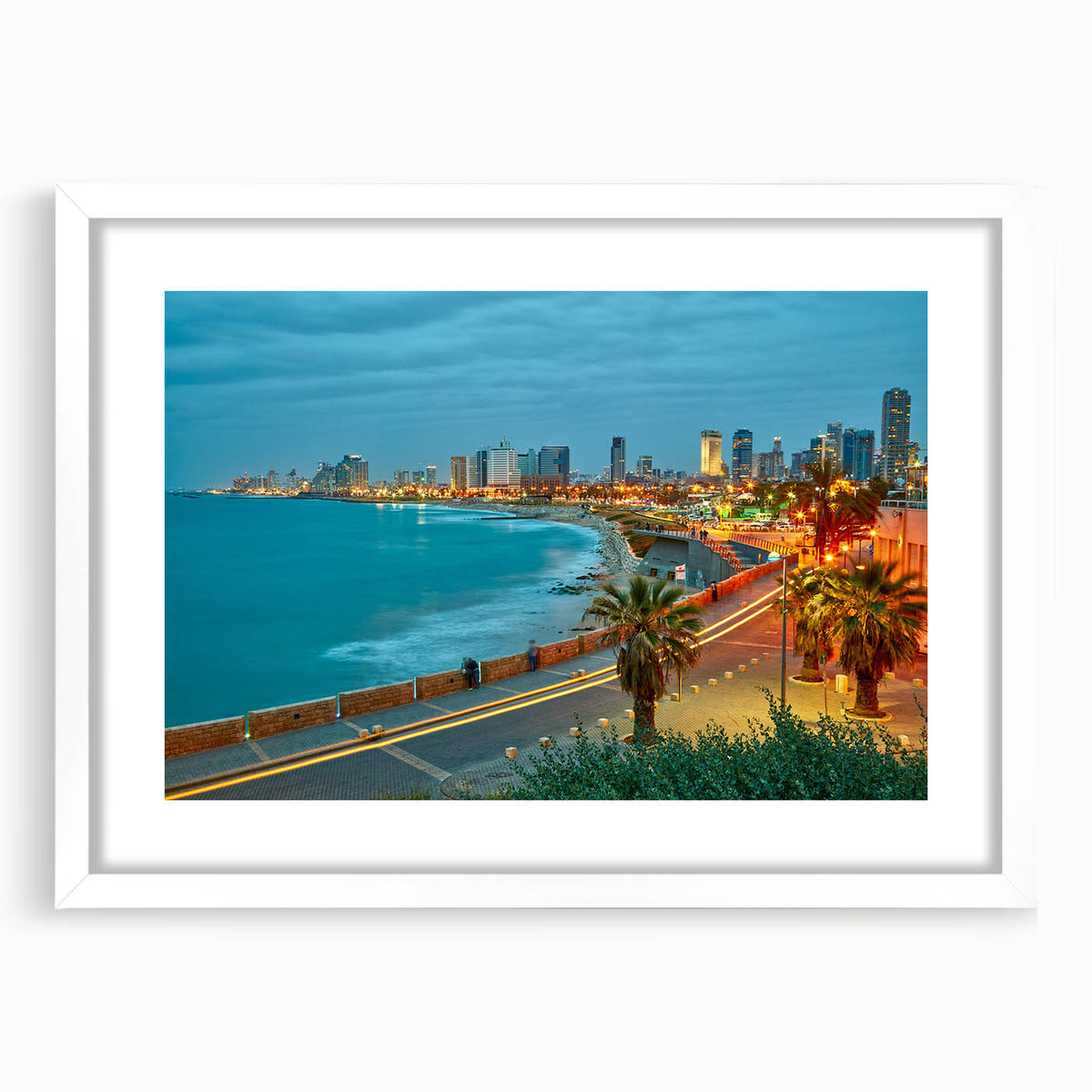 Abstract art print of Tel Aviv skyline in muted blue tones on a framed white mat, ideal for bedroom or dining room decor.