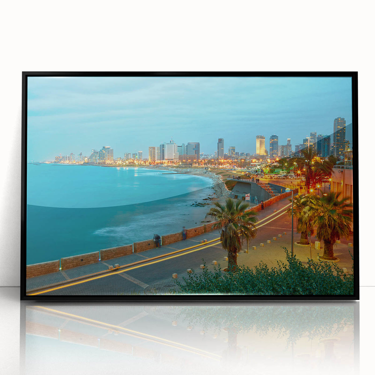 Large abstract wall art featuring a stylized Tel Aviv cityscape in muted gray and blue tones, framed in black acrylic.