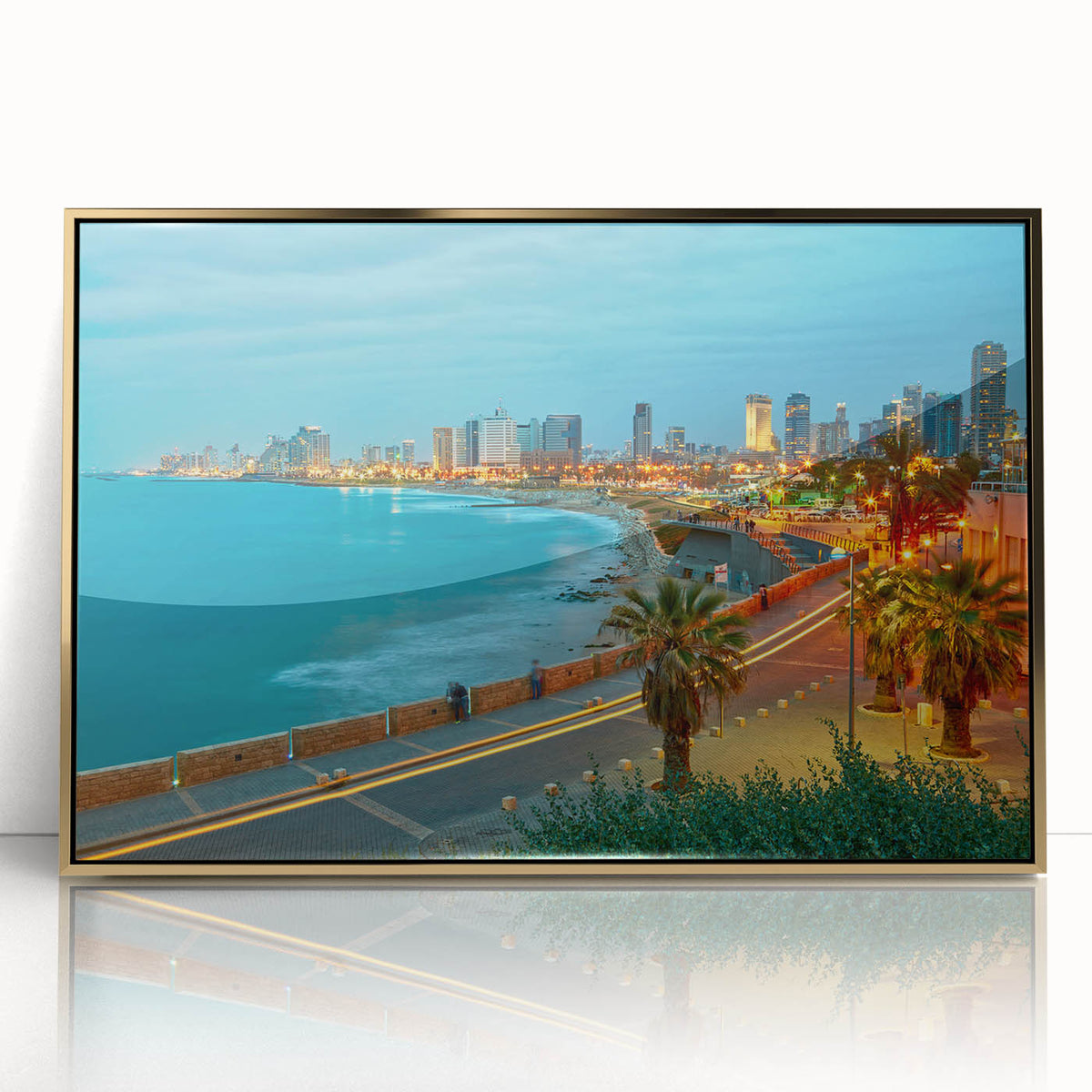 Framed acrylic print of Tel Aviv skyline in mid-century modernist style with gold tones, ideal for modern art wall decor.