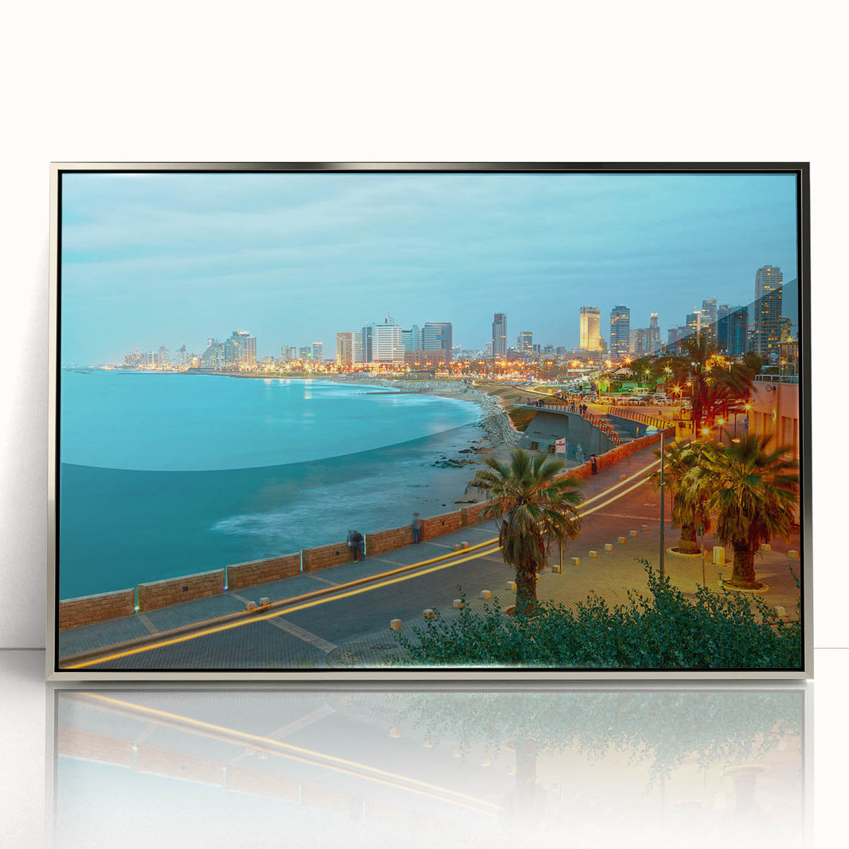 Mid-century modernist art of Tel Aviv skyline in muted silver and gray tones on a framed acrylic.