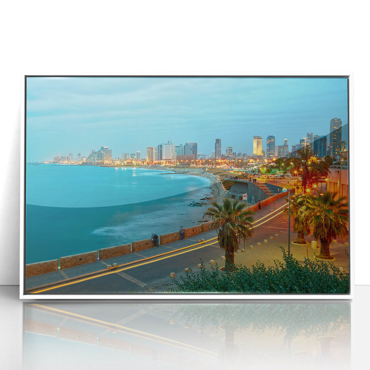 Art deco poster of Tel Aviv skyline in muted blue tones, framed acrylic, ideal for modern art wall decor.