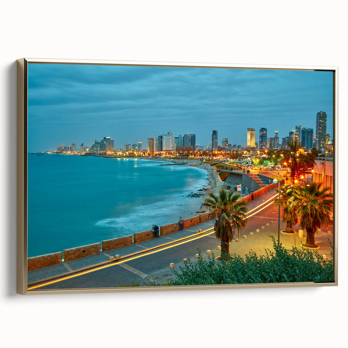 Framed canvas of Tel Aviv landscape in muted gold and black, ideal for bedroom wall art.