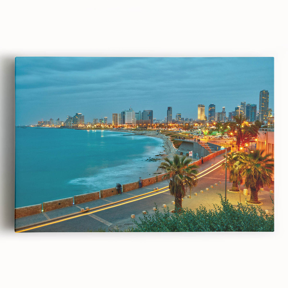 Black and white large art print of Tel Aviv skyline on stretched canvas, suitable for kitchen wall art.
