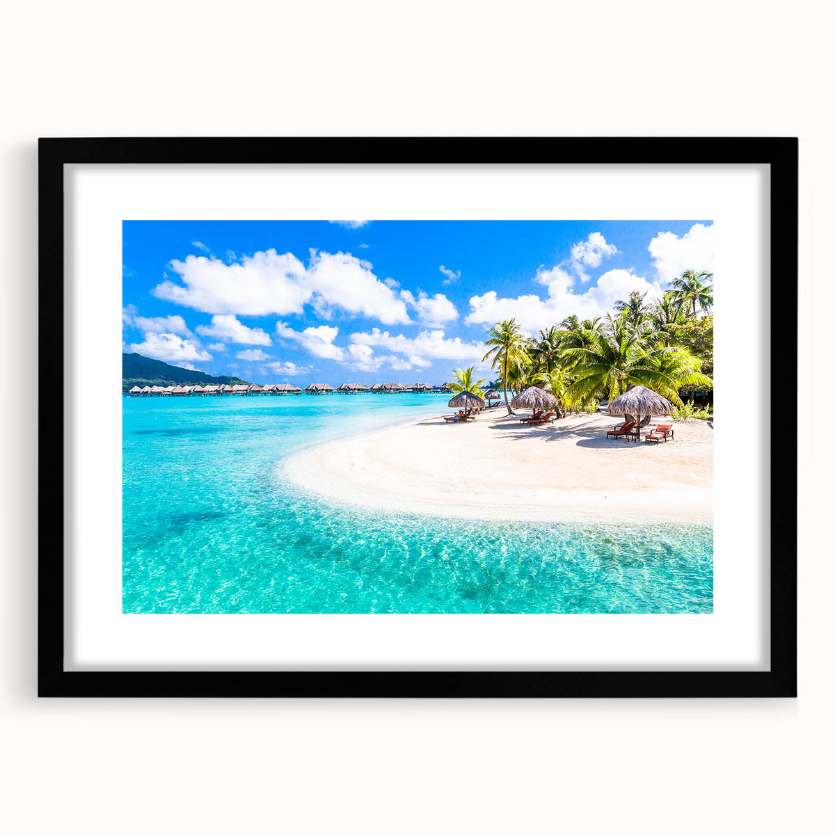 Extra large, colorful abstract art print of a stylized French Polynesian scenery on textured canvas, framed in black.