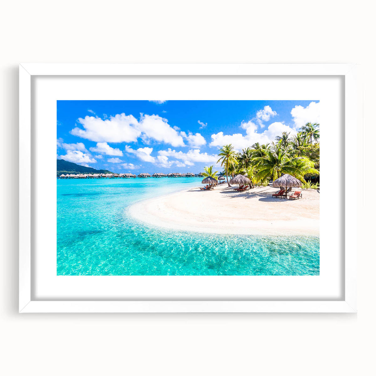 Abstract art print of Bora Bora's scenery in muted blue and green tones on a framed white mat, ideal for dining room decor.