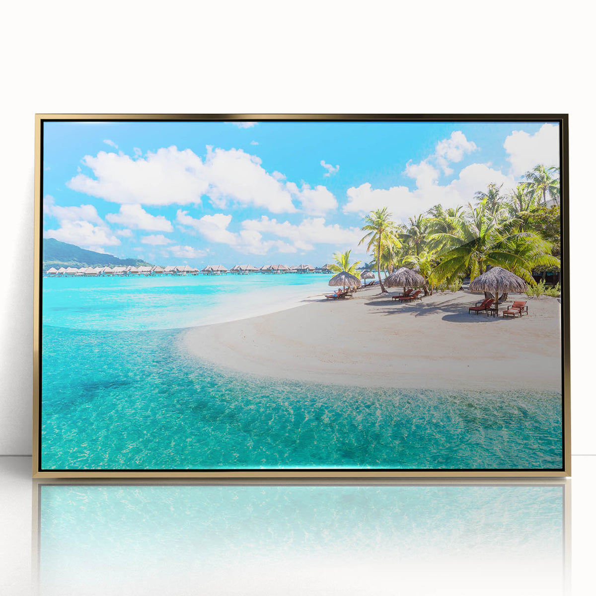 Large art print of Bora Bora scenery in muted blue and green tones on framed acrylic, ideal for modern art wall decor.