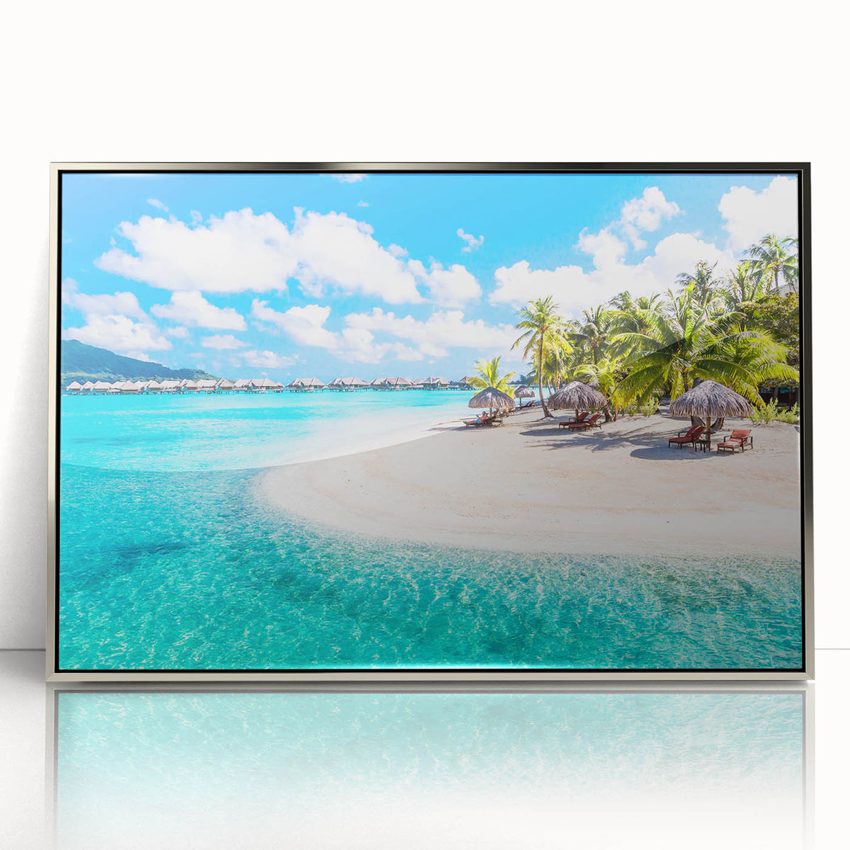 Mid-century modernist art of Bora Bora landscape in muted blue and green tones, framed acrylic, ideal for nursery wall art.