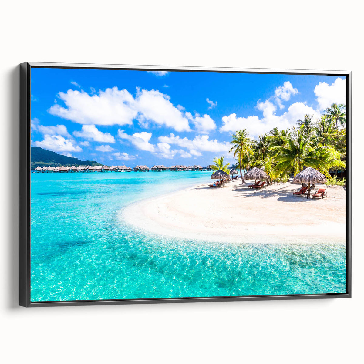 Black and white framed canvas of a Bora Bora landscape, ideal for bedroom wall art.
