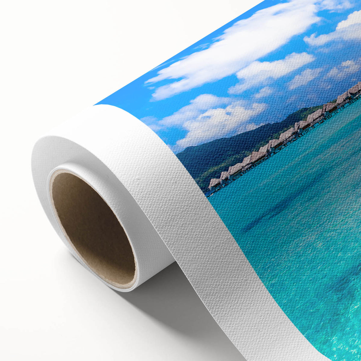 Art deco poster of Bora Bora scenery in pastel shades on rolled canvas, ideal for nursery wall art.