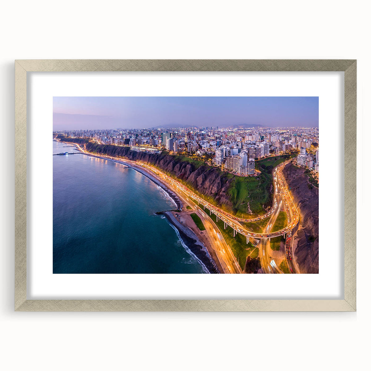 Textured abstract art print of a South American scenery in muted earth tones, framed in silver, ideal for bedroom art.