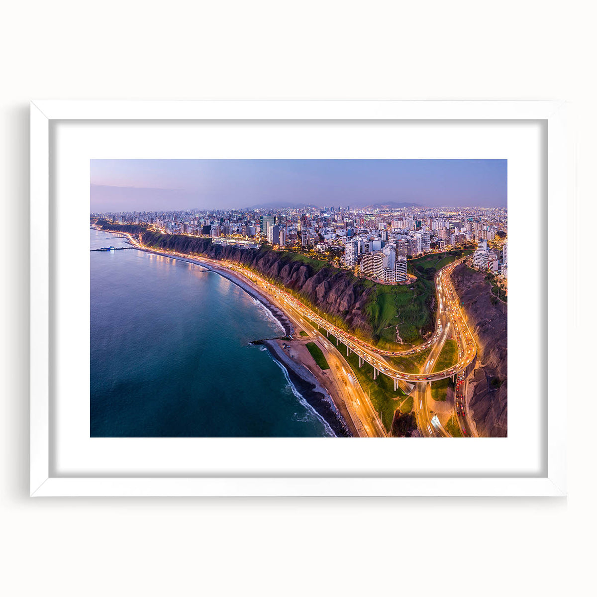 Abstract art print of a Peruvian landscape in muted earth tones on a framed white canvas, suitable for dining room decor.