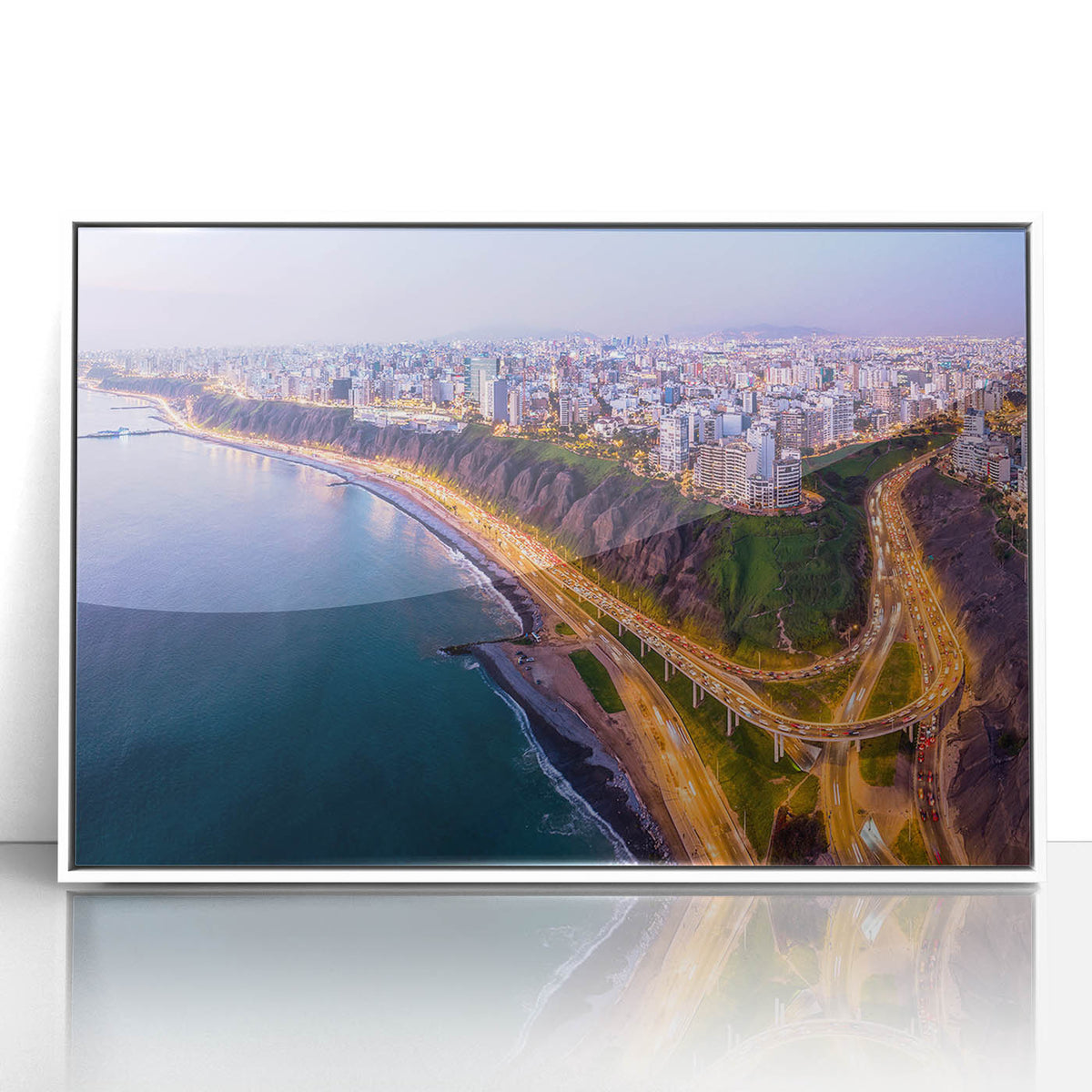Acrylic print of a serene Peruvian landscape in muted earth tones, framed in white, ideal for modern art wall decor.